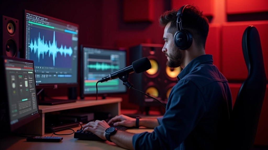 Game audio production setup with microphone and sound mixing software