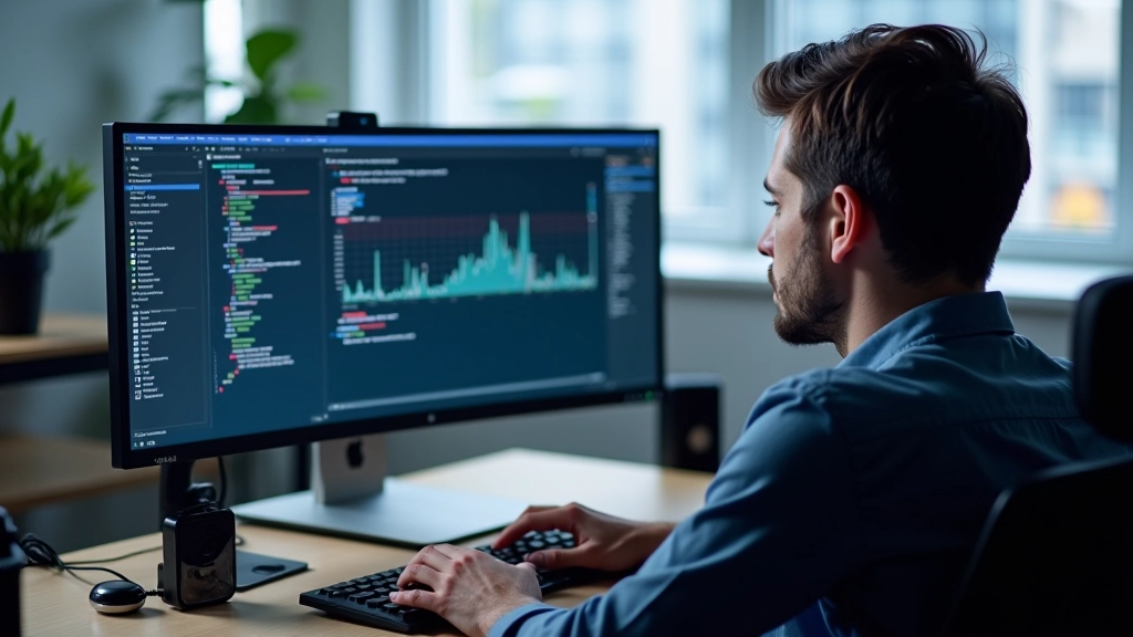 Developer analyzing game performance metrics and frame rate graphs on development workstation with profiling tools