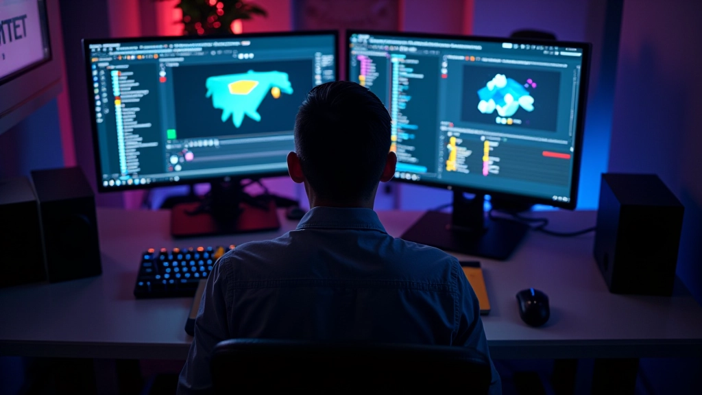Game development workspace showing multiple monitor screens with UI mockups and design tools