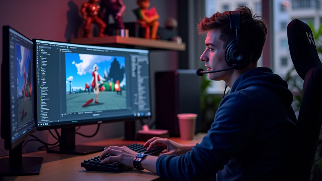Person working on game development with computer and game controller on desk