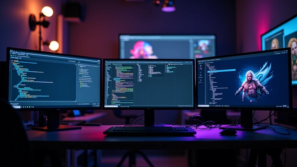 Game development workspace with multiple monitors displaying Unity editor and game scenes