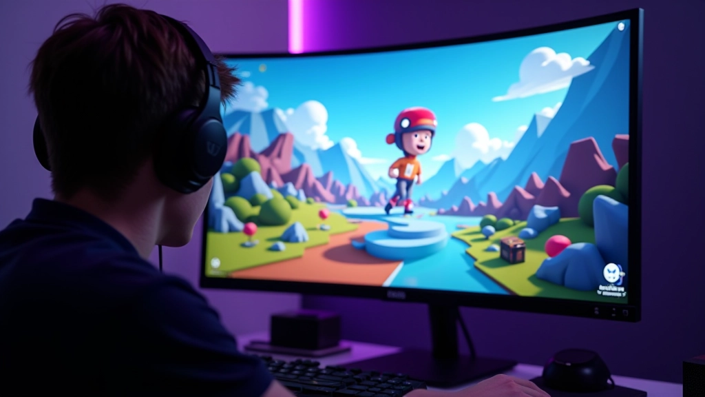 Computer monitor showing colorful 3D game environment with player character and terrain