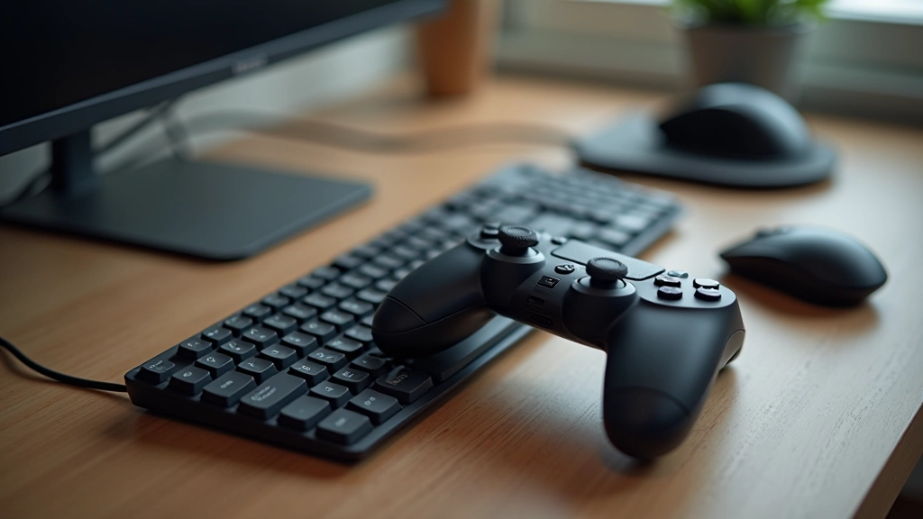 Close-up of game controller on desk with keyboard and mouse for interactive game testing
