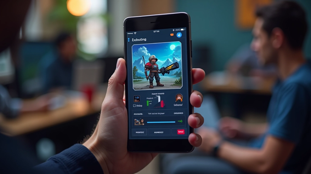 Mobile game interface showing UI elements, menus, and character progression systems on a smartphone screen