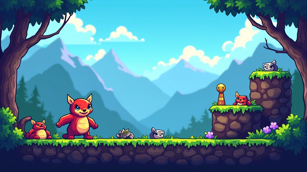 Colorful indie game screenshot showing pixel art style platformer level with character sprite and obstacles