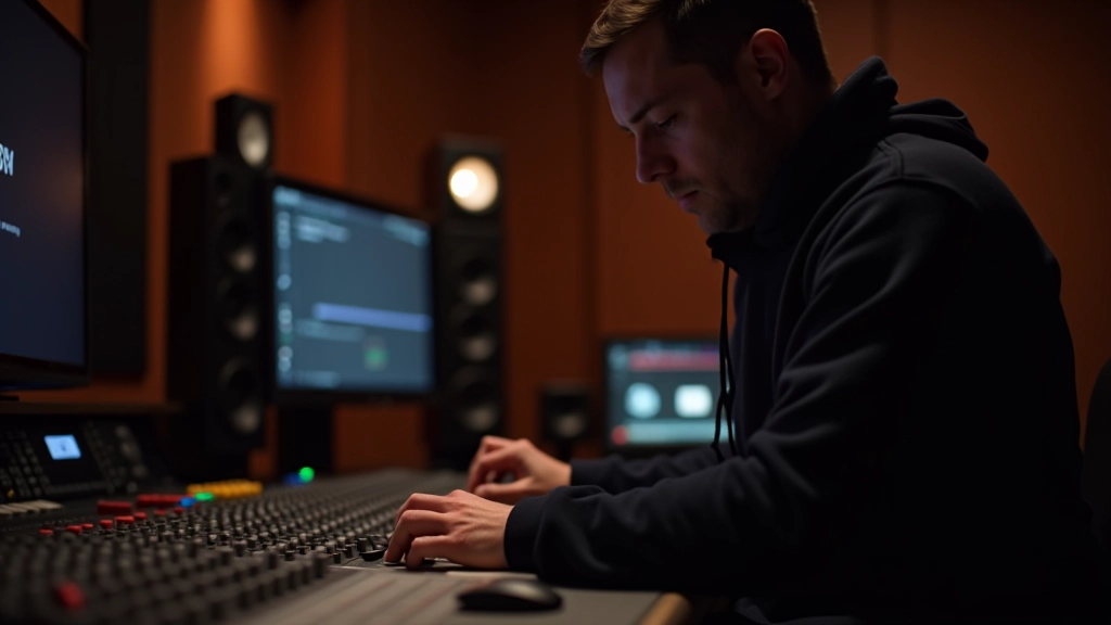 Sound engineer adjusting volume levels on professional mixing board with multiple channels and faders displayed
